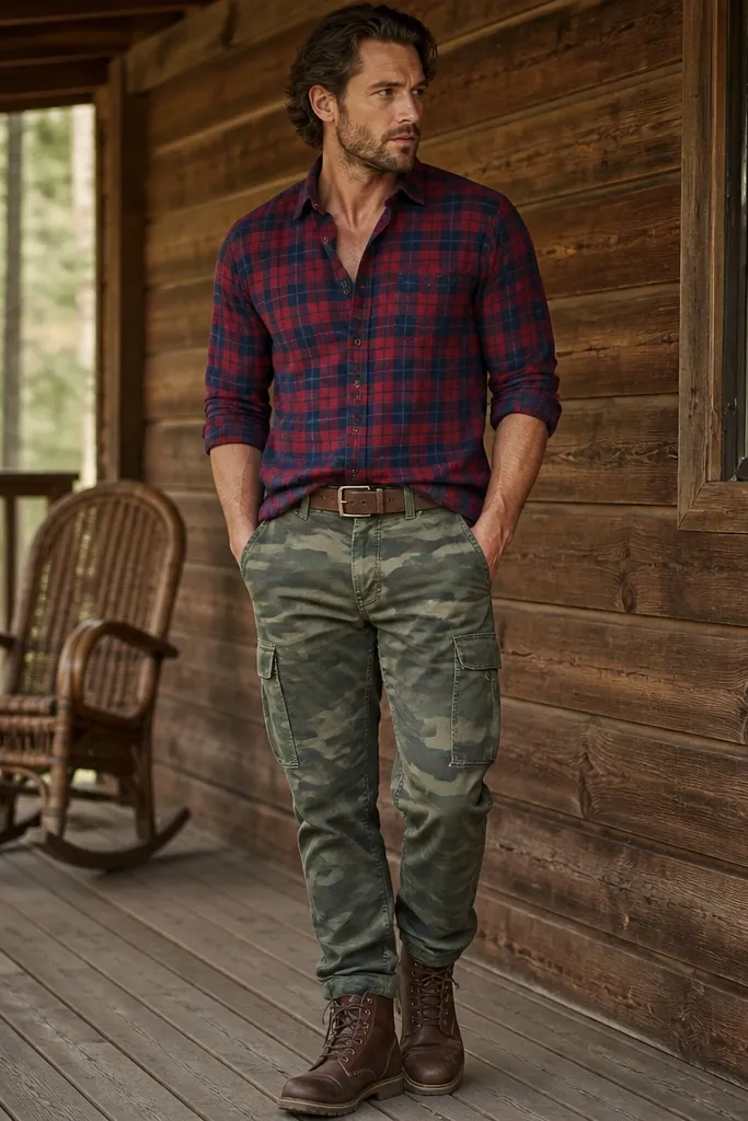 A person wearing green camo pants with a red-and-navy plaid flannel button-down, half-tucked at the front, plus a brown leather belt and rugged brown boots; background is a wood-paneled cabin porch.