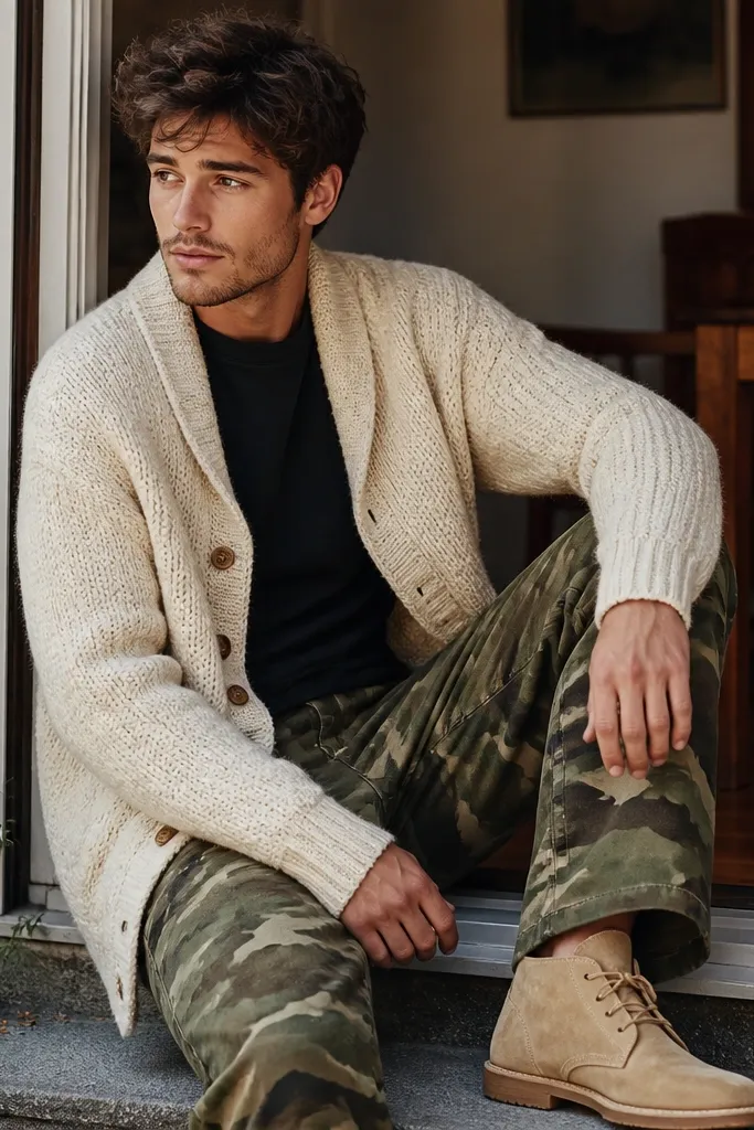 A cozy indoor/outdoor shot of cream wool-blend cardigan layered over a simple dark tee, worn with camo pants and light tan suede shoes; soft daylight shows knit texture clearly.