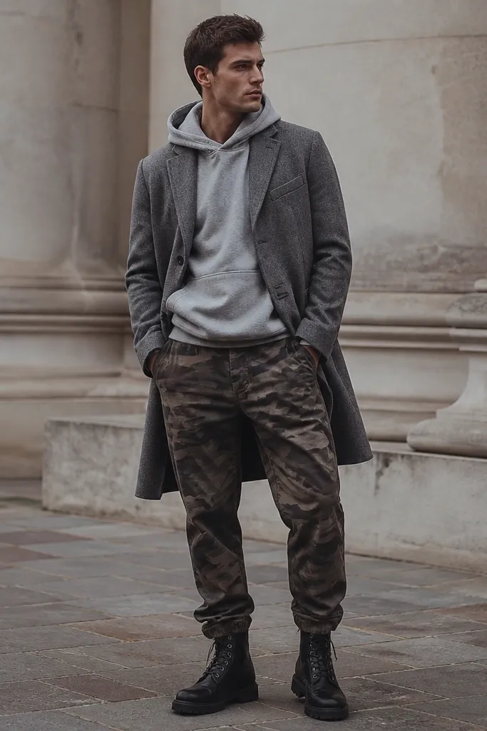 A model wearing light gray hoodie under a long wool topcoat, paired with muted camo pants and black lace-up boots; the coat drapes past the hips in a clean silhouette.
