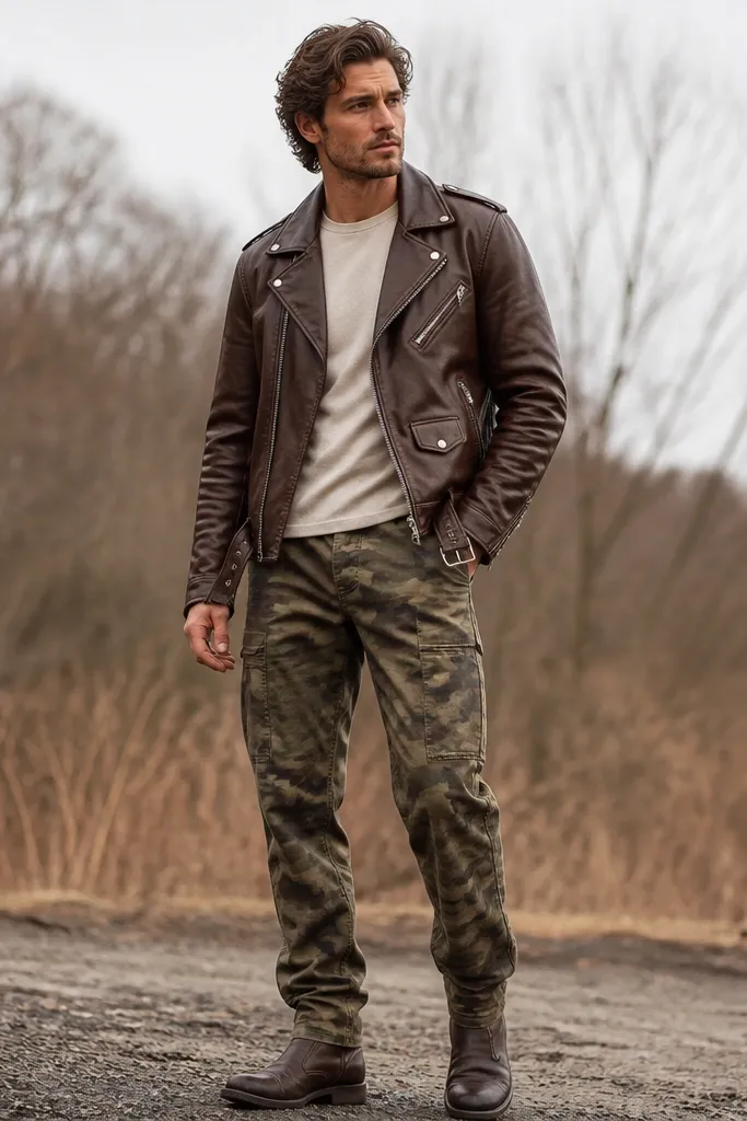 Outdoor photo of olive camo pants with a chocolate brown leather moto jacket, a cream crewneck tee underneath, and dark brown boots; winter trees blur in the background.