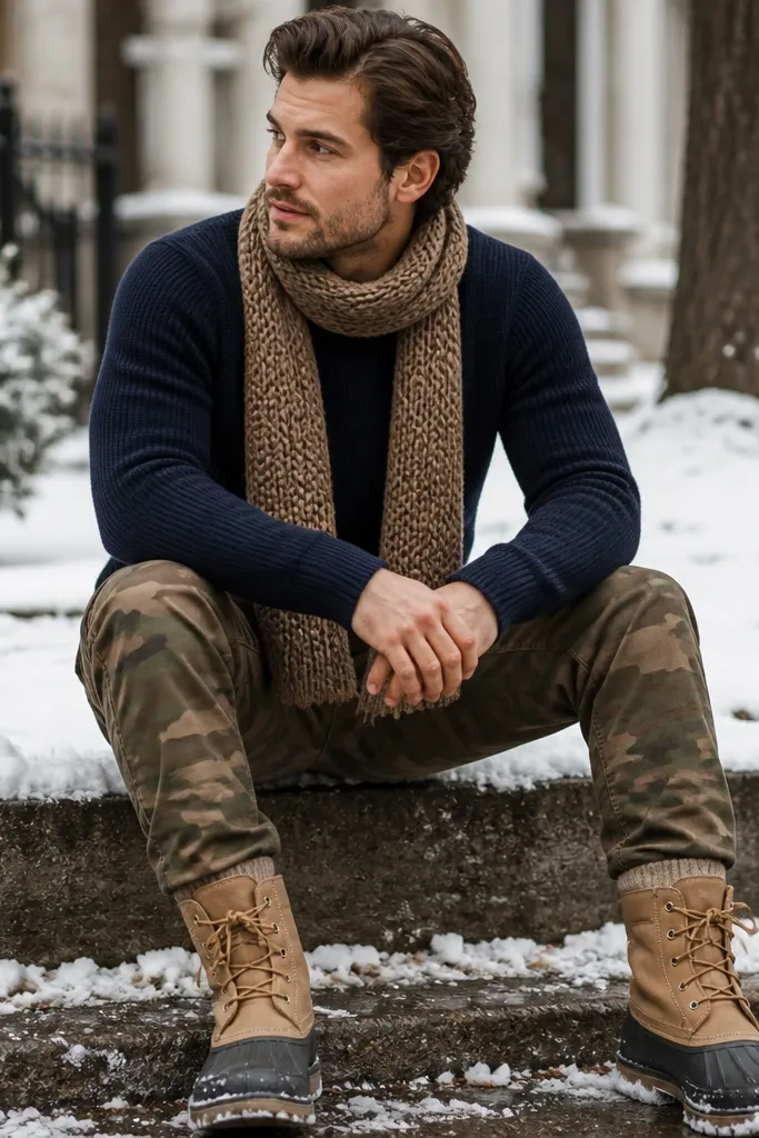A layered winter look: navy crewneck sweater, toast-colored knit scarf, camo pants, and tan duck boots; the photo is taken on a snowy curb with visible scarf texture.