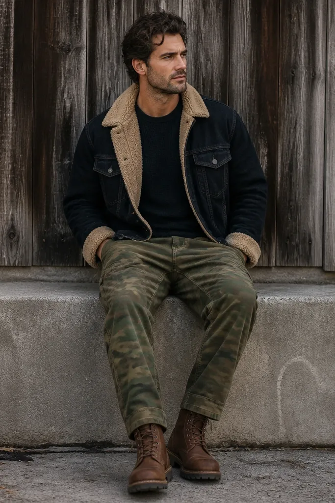 A person wearing camo pants with a dark denim jacket lined in tan shearling, layered over a black thermal and paired with brown work boots; the jacket cuffs show the warm lining.