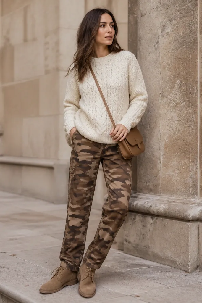 A warm, neutral outfit with brown camo pants, a cream cable-knit sweater, and tan suede chukka boots; a small crossbody bag sits at the hip.