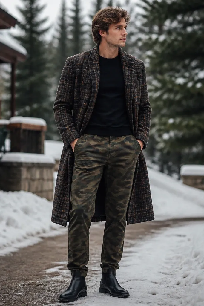 A full-body winter styling shot: camo pants with a long plaid overcoat, a fitted black thermal shirt underneath, and black Chelsea boots; the overcoat pattern frames the camo.