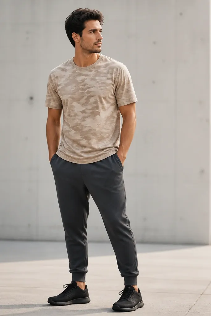 A sand-colored camo graphic T-shirt is shown with charcoal joggers and black minimalist sneakers. The image highlights the light camo pattern and the smooth, relaxed fit of the joggers.
