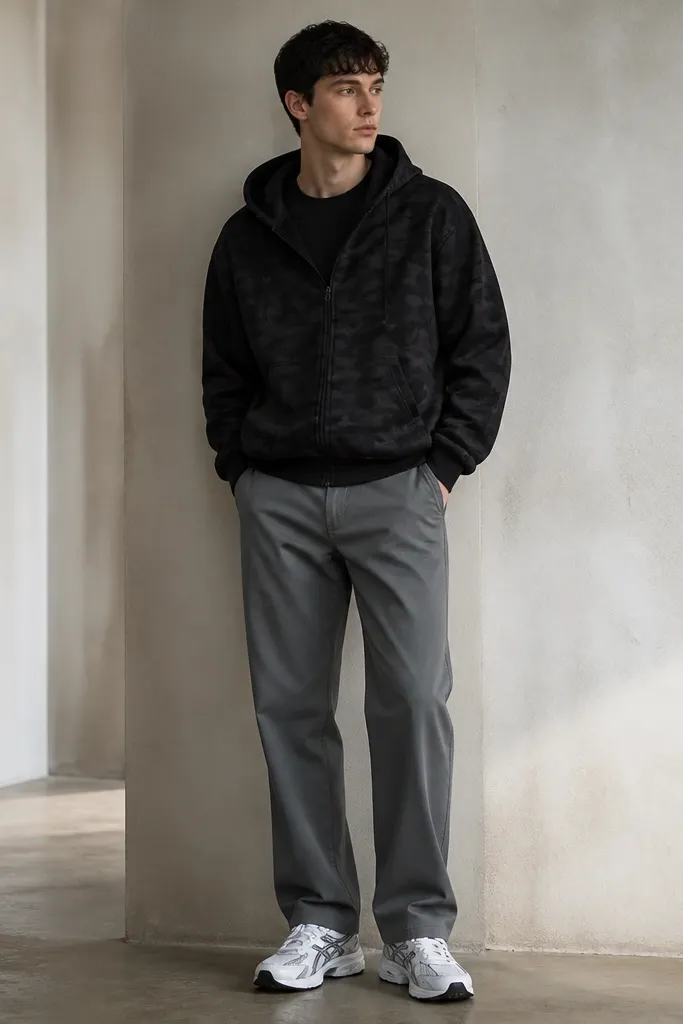 A black-on-black camo hoodie with a subtle pattern is layered over a dark shirt, paired with grey straight-leg pants and a chrome-white running shoe. The hoodie texture and the straight pant line are clearly visible.