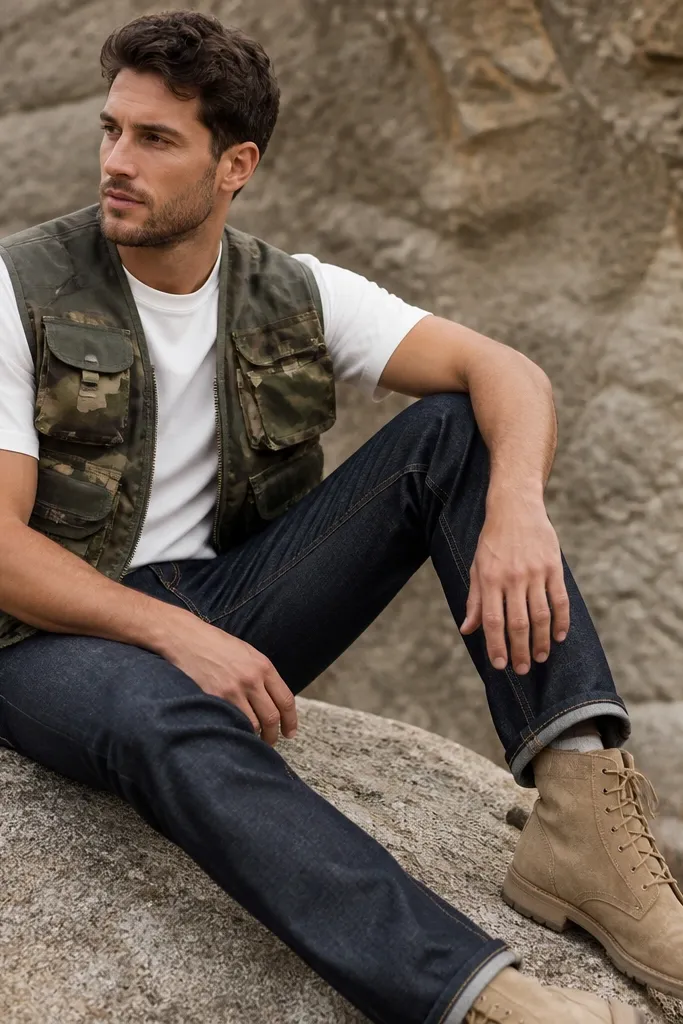 A green camo utility vest over a white T-shirt with dark wash jeans and tan desert boots. The shot is angled to show the vest’s pockets and the boot’s suede texture.