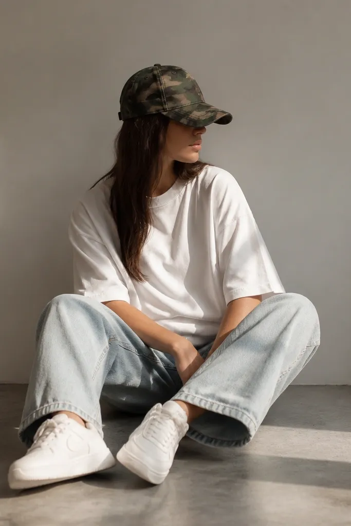 A camo baseball cap sits on a model wearing an oversized solid T-shirt, light wash jeans, and chunky white sneakers. The image focuses on the cap as the only camo element.