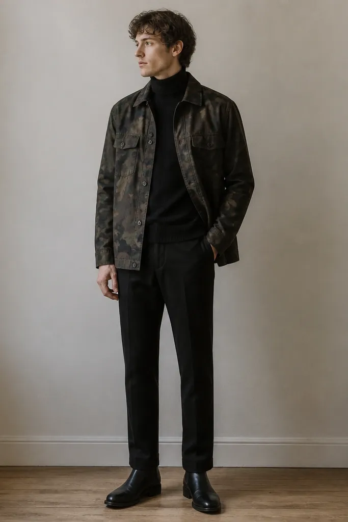 A camo overshirt layered over a black turtleneck, paired with black straight pants and dark Chelsea boots. The photo shows sleek lines from neck to boots.