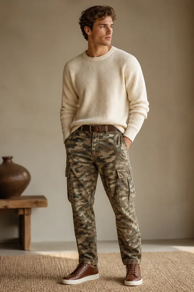 Camo cargo pants are styled with a cream knit sweater, an espresso-brown belt, and brown leather sneakers. The image highlights cargo pocket structure and warm neutrals.