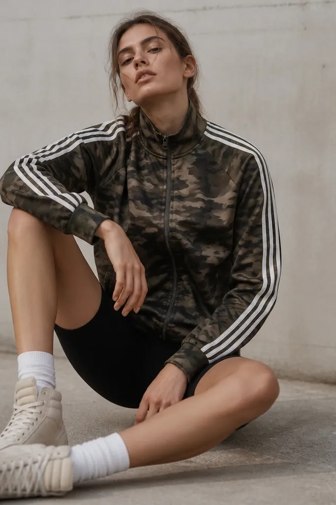 A camo track jacket with a sporty stripe detail is worn over black bike shorts, paired with neutral high-top sneakers. The photo shows the jacket’s athletic cut and the contrast of camo vs solid black.
