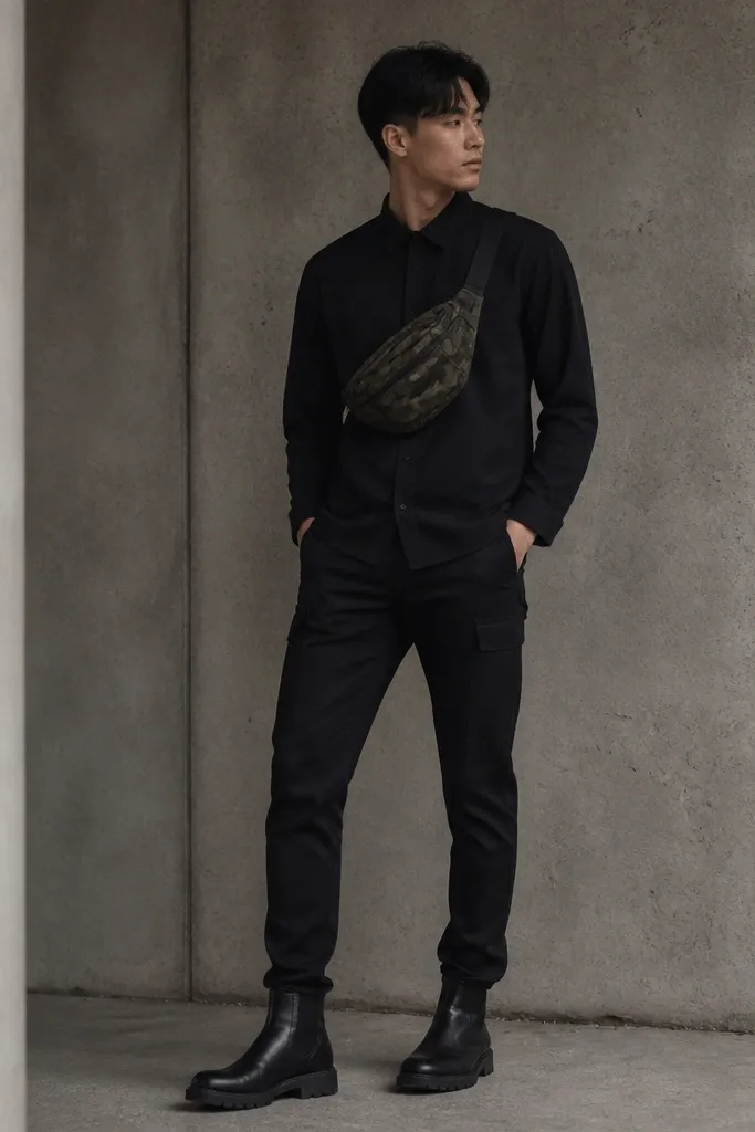 A camo sling bag is worn across the chest with an all-black outfit - black shirt, black pants - and black leather boots. The camera angle shows the bag as the only camo element.