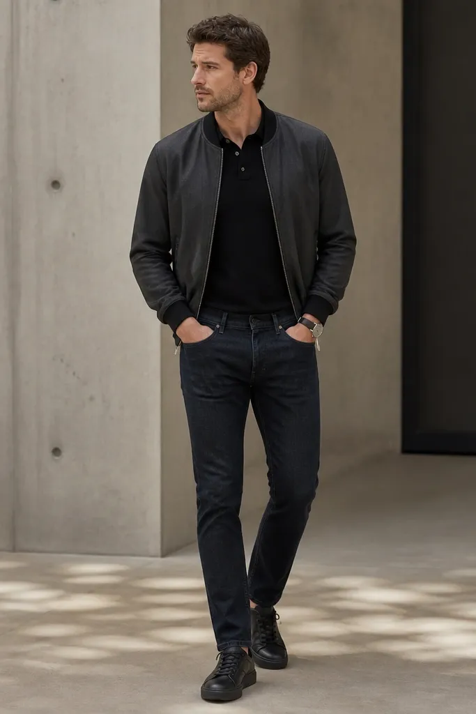 A man in a black knit polo tucked slightly into dark blue jeans, wearing a charcoal bomber jacket; black low-top sneakers and a minimal watch are visible.