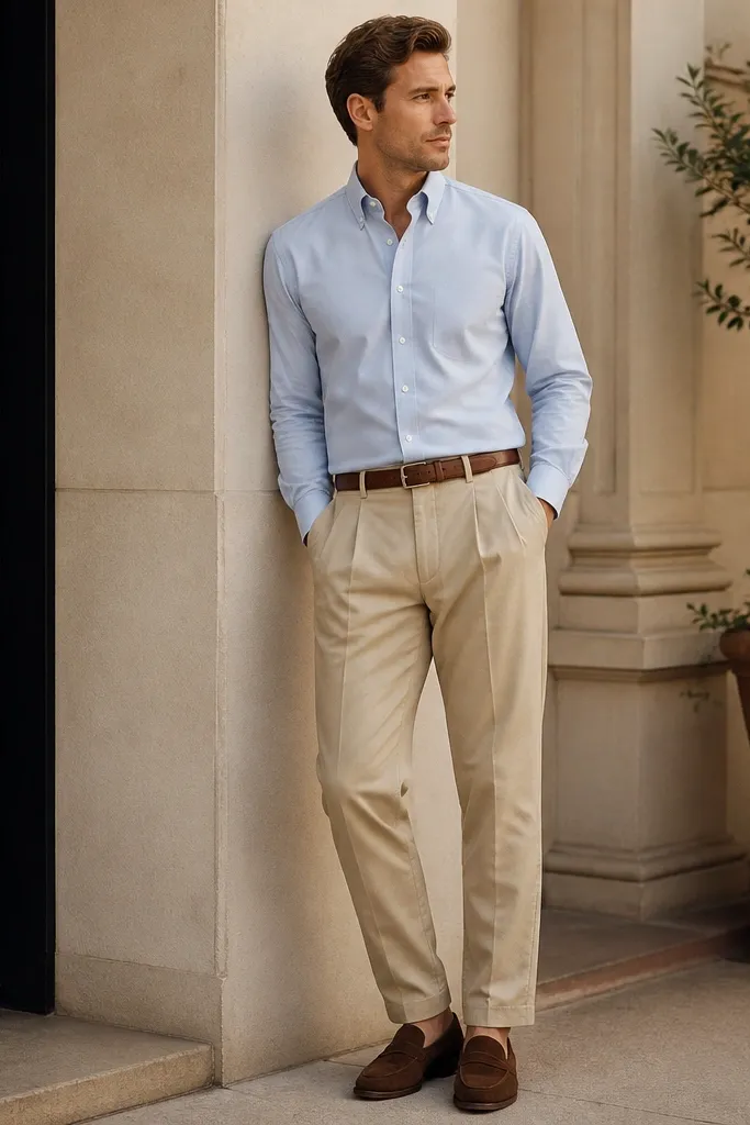 A man wearing a light blue button-down Oxford shirt with sleeves down, beige pleated chinos, and brown suede loafers; a simple leather belt matches the shoes.