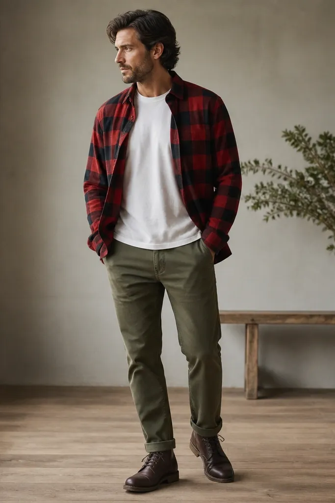 A man wearing a red-and-black checked flannel overshirt over a white tee, olive tapered trousers, and dark brown boots; the jacket is unbuttoned.