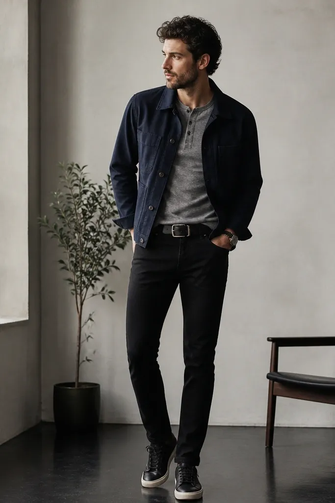 A man wearing a navy chore jacket over a heather gray henley, paired with black slim jeans and dark sneakers; a belt and watch are visible.