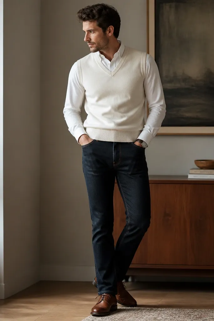 A man layering a cream sweater vest over a crisp white button-down, with dark tailored jeans and brown leather shoes; the vest is fitted and the shirt collar is visible.