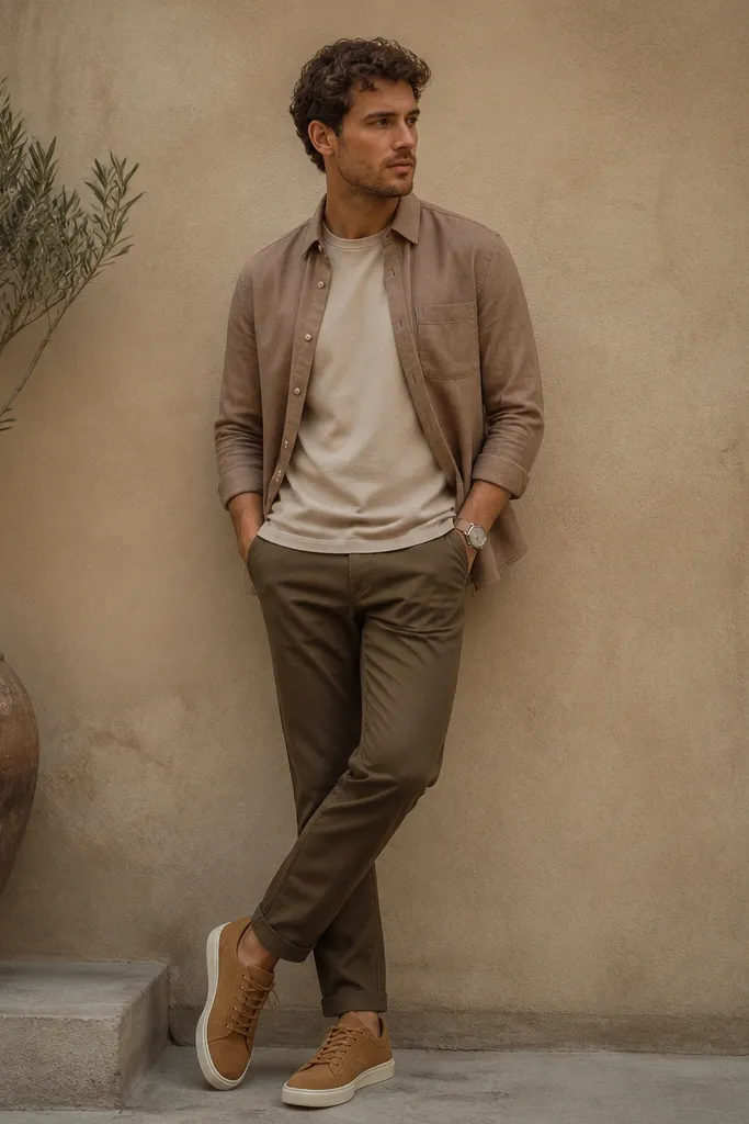 A man in matching warm tones: a beige tee, a light brown overshirt, and dark khaki chinos; he’s wearing tan suede sneakers and a watch.