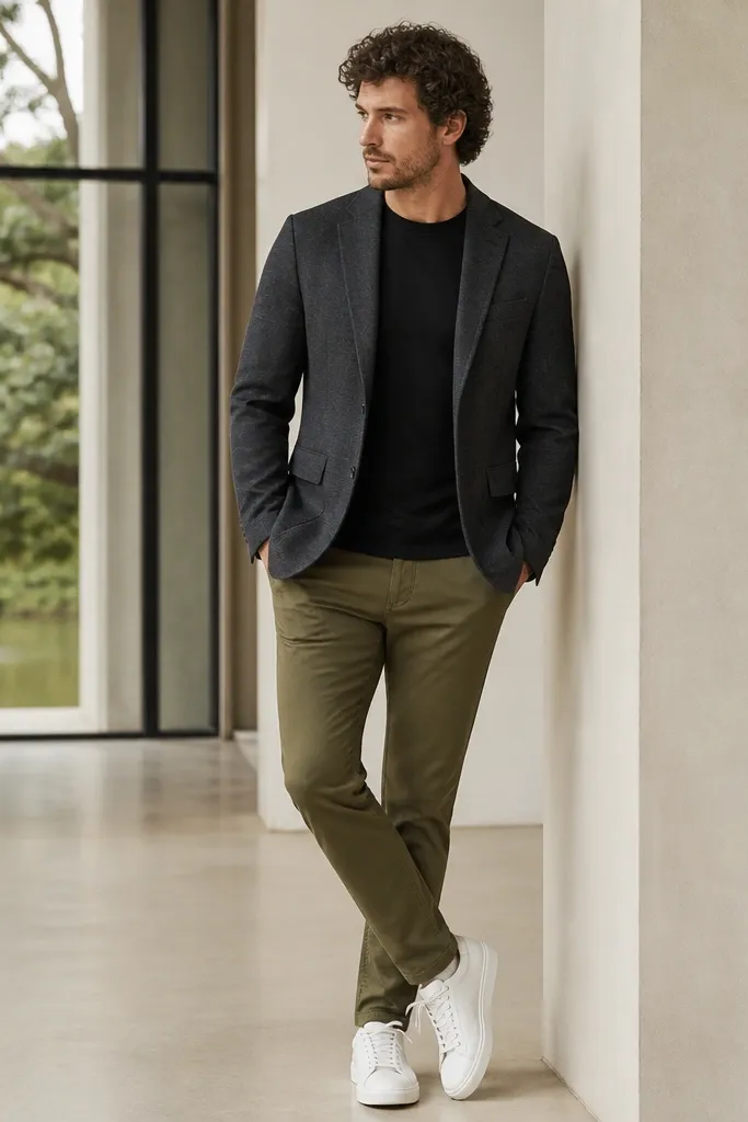 A man wearing a charcoal blazer-style jacket over a black crew tee, paired with olive chinos and white sneakers; the jacket has visible lapels and a neat fit.