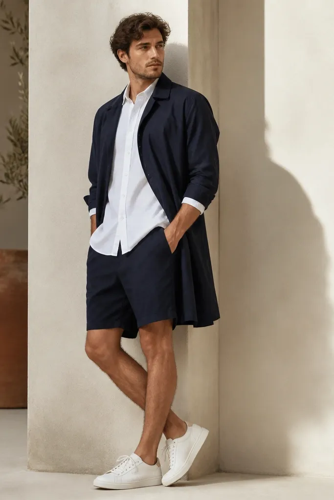 A man in a white poplin button-down worn untucked over navy tailored shorts, with a longline overshirt layered on top; he wears clean sandals or minimal sneakers.
