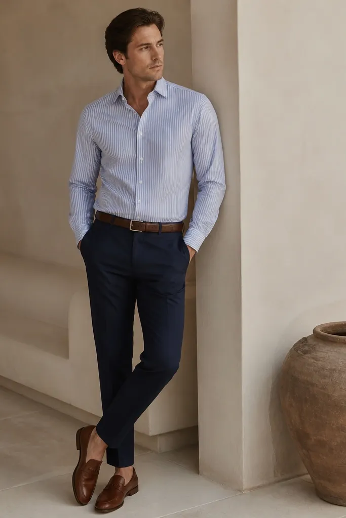 A man wearing a blue-and-white striped Oxford shirt, navy trousers, a minimal brown belt, and brown leather loafers; the shirt is tucked with a neat silhouette.