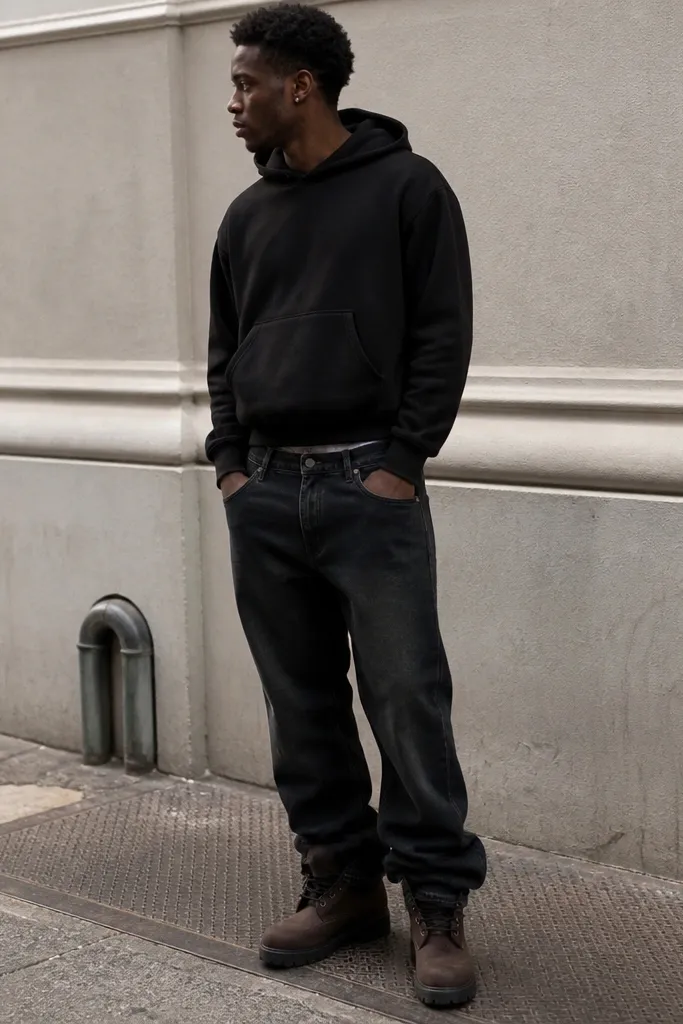 A street-style photo of black Timberland-style boots with a dark-brown leather upper, worn with dark wash straight-leg jeans and a black hoodie. The waistband is slightly visible, and the person stands in an urban setting.
