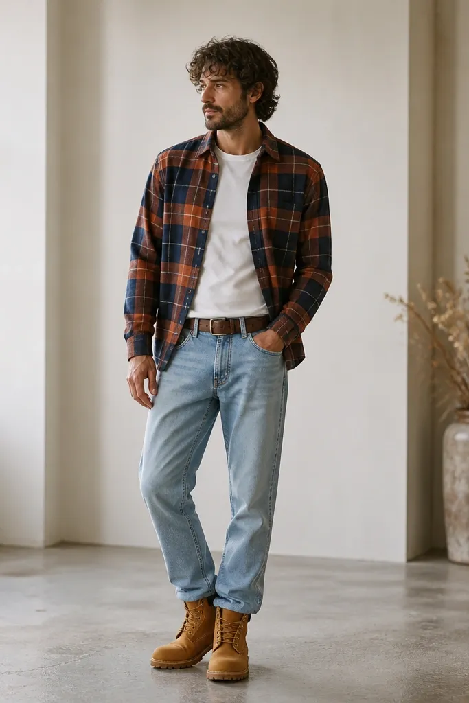 A man in a rust-and-navy plaid flannel overshirt layered over a plain white tee, paired with light wash straight jeans and tan Timberland boots. A simple brown belt is visible above the jeans.
