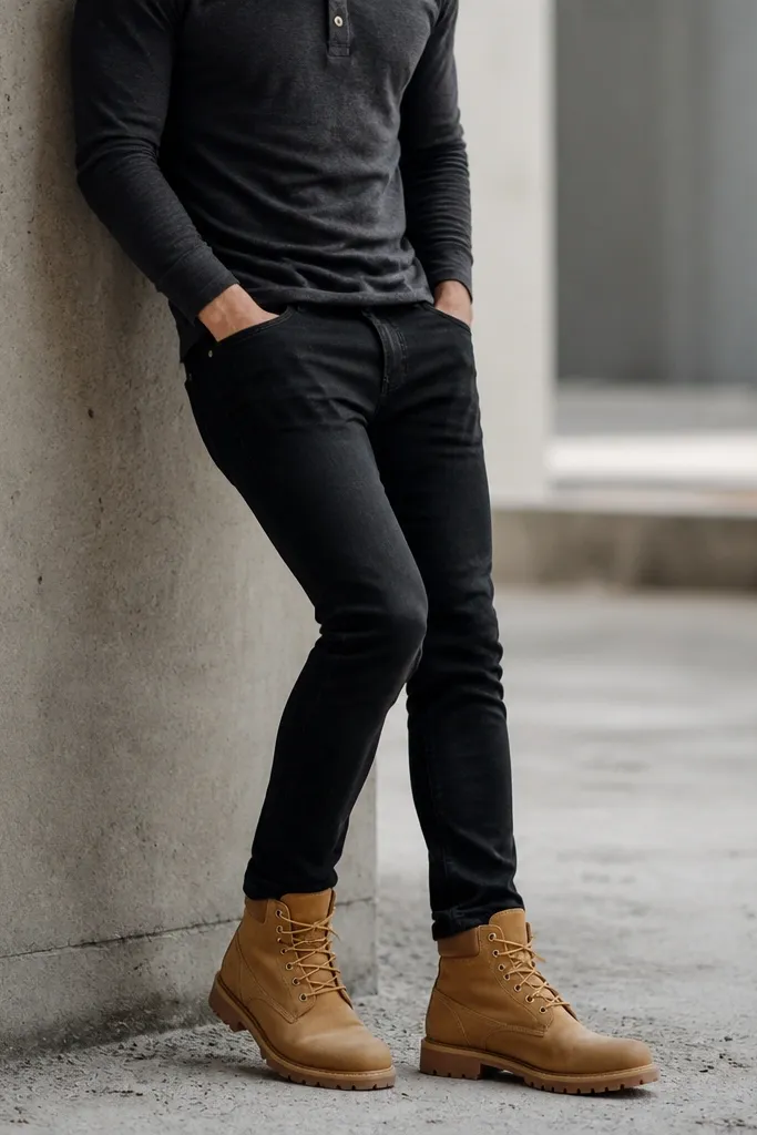 Charcoal henley shirt with a few buttons, black slim jeans, and tan Timberland boots. The socks are low and match the boot color, and the photo shows a close view of the leg line.