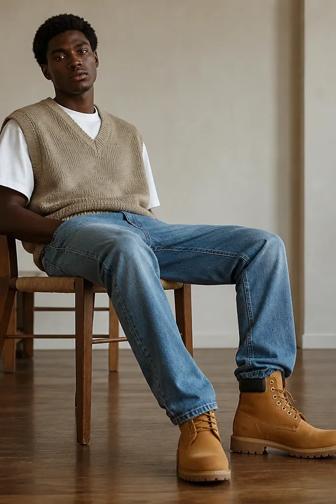 A layered outfit: a sweater vest over a simple white T-shirt, medium wash jeans, and wheat-colored Timberland boots. The image highlights the layered texture and the boot shaft.
