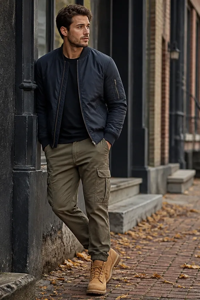 A navy bomber jacket layered over a dark tee, with olive cargo pants and classic Timberland boots. The cuffs show a neat taper, and the scene looks like a casual fall day.