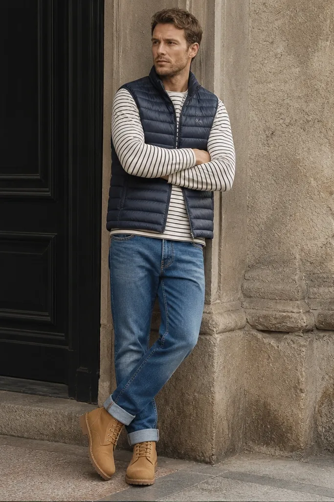 A man wearing a lightweight puffer vest over a long-sleeve striped tee, paired with straight jeans and tan Timberland boots. The photo is taken in natural light, showing the vest texture and boot laces.