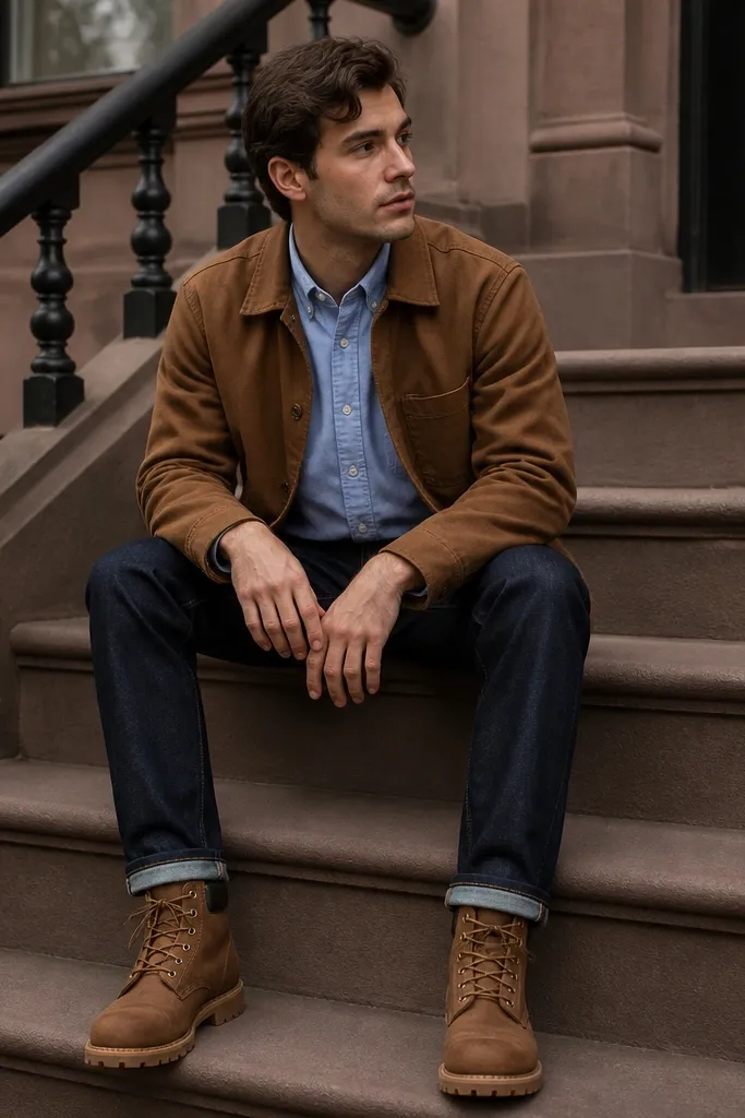 A light blue Oxford button-down under a brown chore jacket, worn with dark denim and brown Timberland boots. The collar sits flat, and the layering is clearly visible.