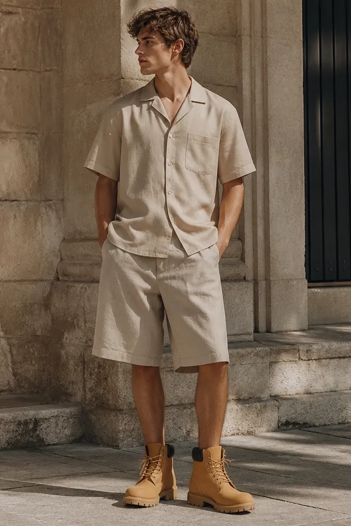 A camp-collar short-sleeve shirt in a muted beige tone, relaxed knee-length shorts, and tan Timberland boots. The photo shows the contrast between lightweight summer fabrics and sturdy boots.