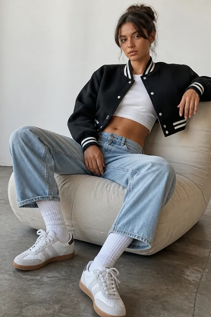 A sporty outfit: a cropped varsity jacket with striped ribbing, light-wash low-rise straight jeans, and white tube socks pulled high above the sneakers.