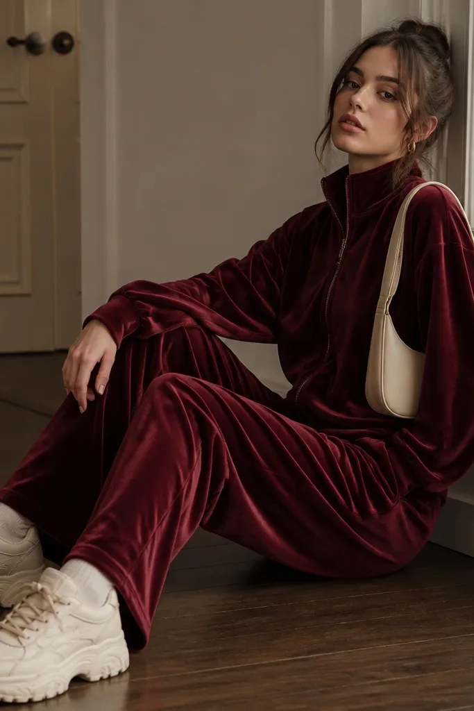 A matching velour track jacket and pants in deep burgundy, with a slight sheen; chunky platform sneakers in cream and a small shoulder bag.