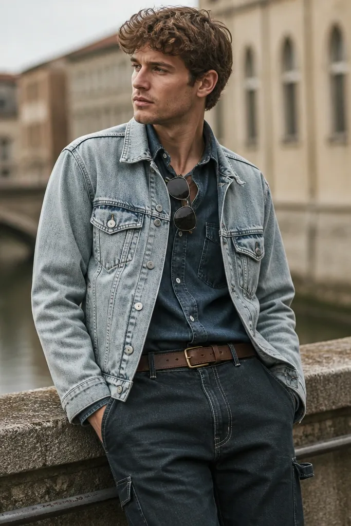 A light-wash denim jacket layered over a darker denim shirt, with dark carpenter jeans and a brown belt; sunglasses resting on the collar.