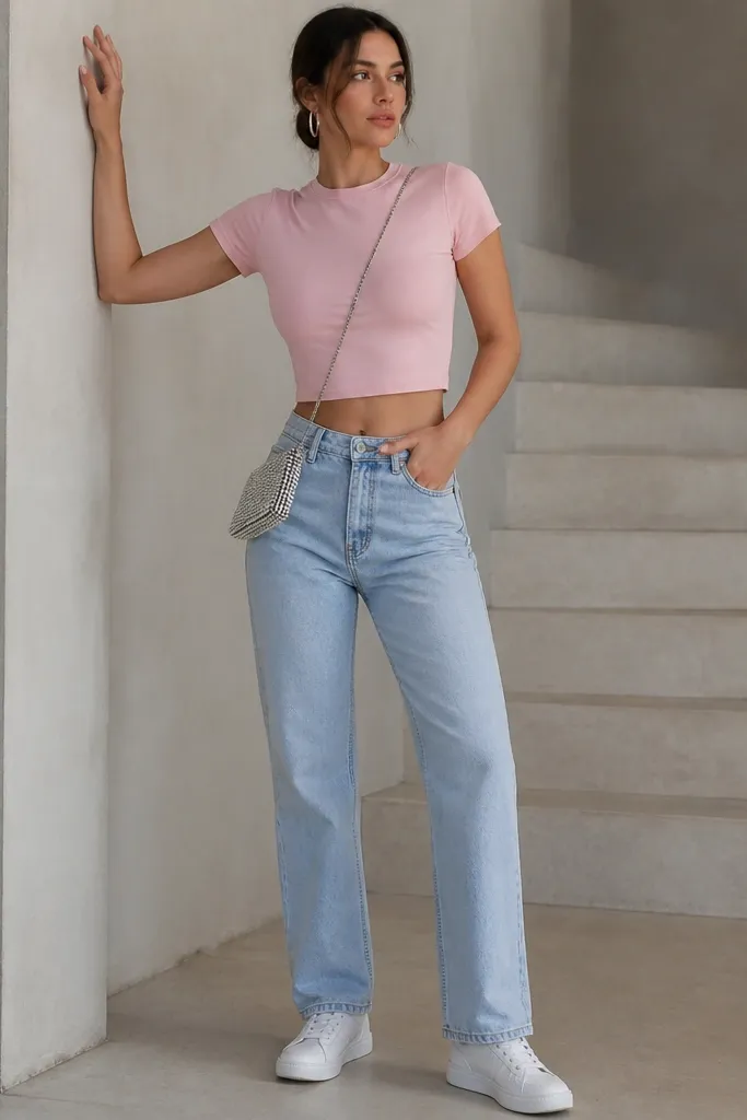 A cropped baby tee in pale pink, straight-leg light-wash jeans, and a small rhinestone-studded crossbody bag; silver hoops and white sneakers.