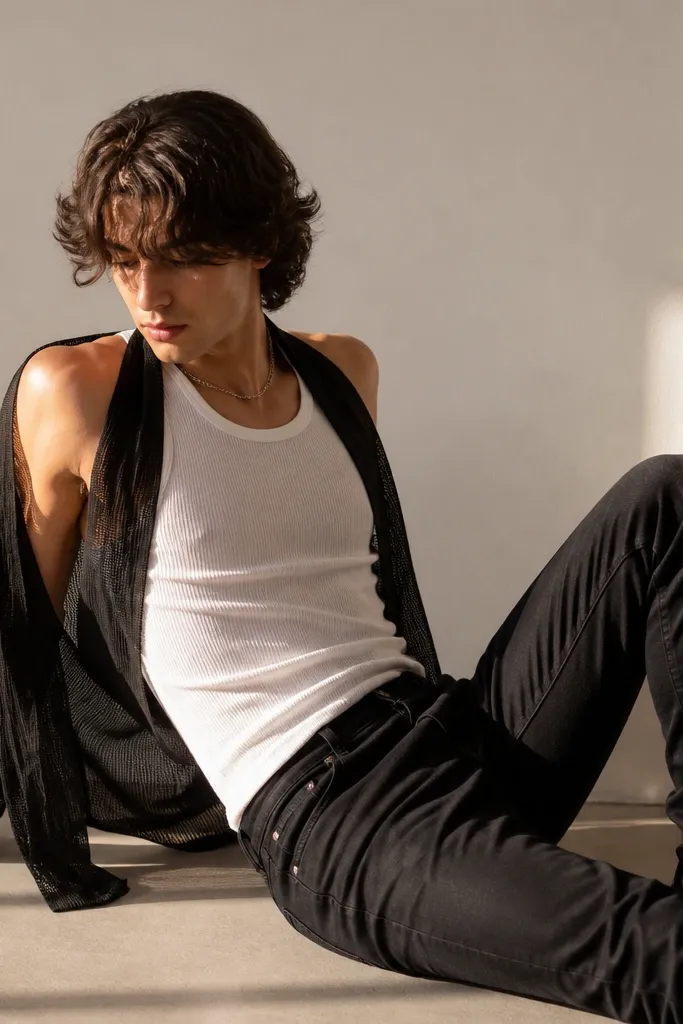 A ribbed white tank worn with a black mesh overshirt draped open like a halter; slim black jeans and black-and-white sneakers.