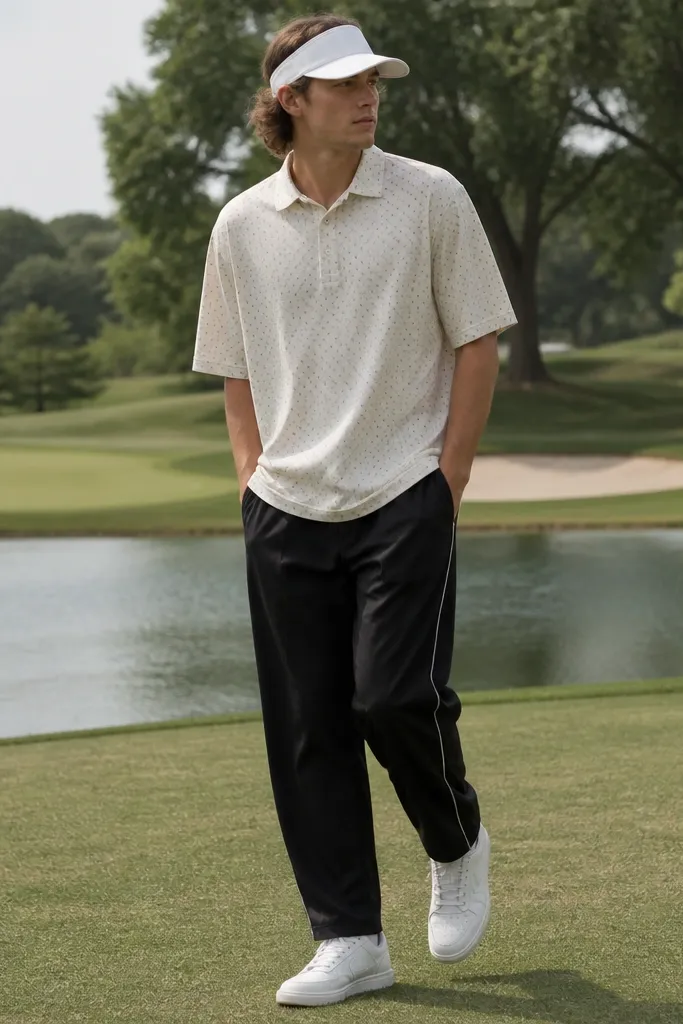 A short-sleeve polo with a small repeating print, worn slightly oversized, with black track pants and a white visor cap; clean white sneakers.