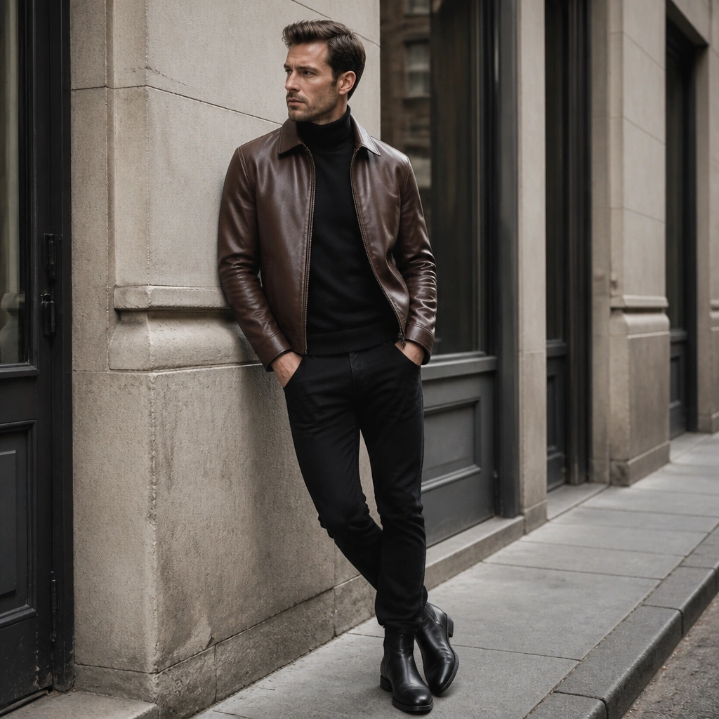Brown leather jacket layered over a fitted black turtleneck, black jeans, and black Chelsea boots; the jacket collar sits neatly over the turtleneck in a clean, sleek look.