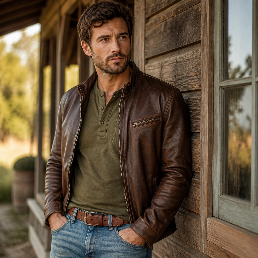 Brown leather jacket over an olive henley shirt, light blue denim jeans, and a visible cognac leather belt; warm tones match in a casual outdoor setting.