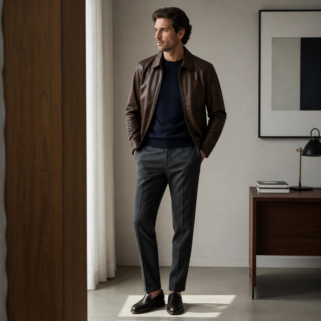 Brown leather jacket worn over a navy crewneck sweater, charcoal tailored trousers, and sleek dark loafers; the outfit looks office-casual with straight-leg lines.