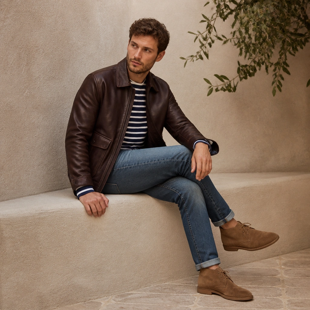 Brown leather jacket over a navy-and-white striped tee, midwash jeans, and tan suede chukka boots; the stripes peek clearly at the cuffs and neckline.
