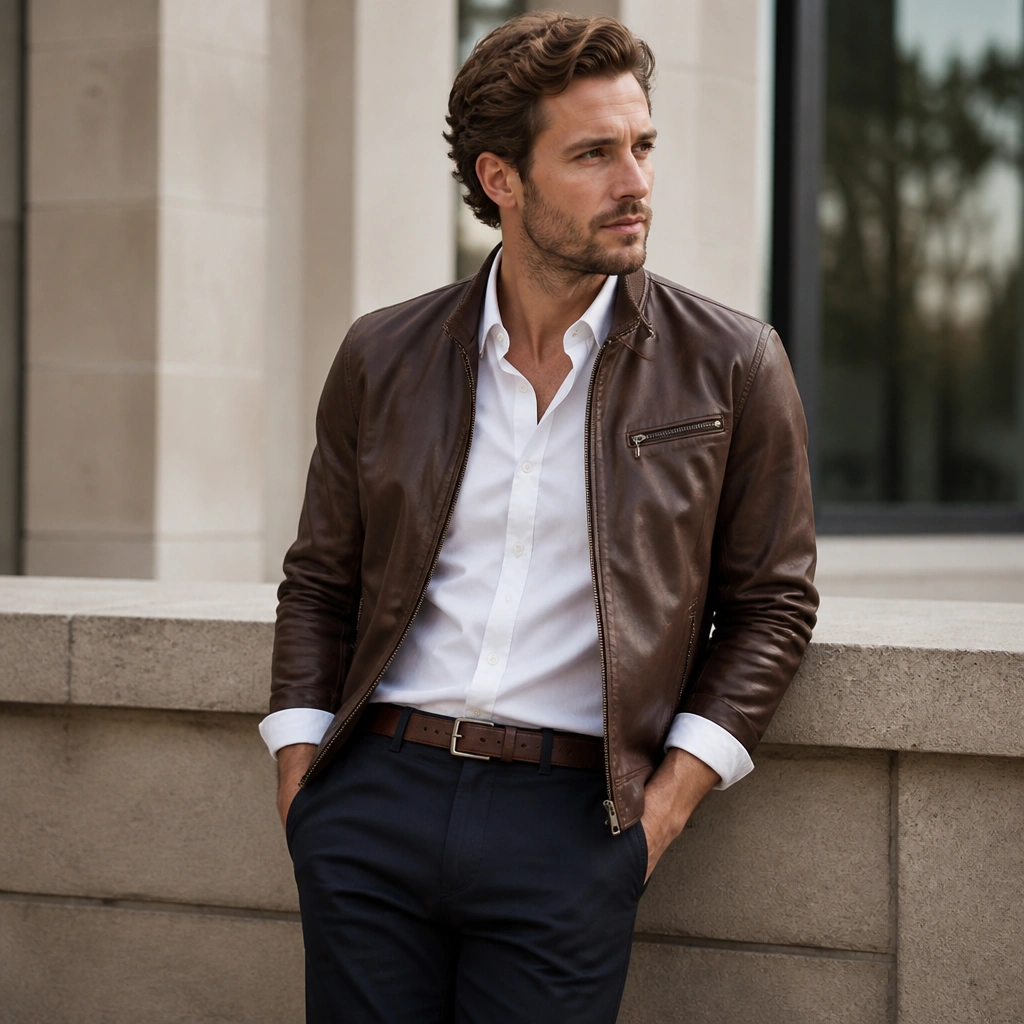 Brown leather jacket layered over a crisp white button-down shirt, slim dark chinos, and a brown leather belt; sleeves are slightly rolled for a casual touch.