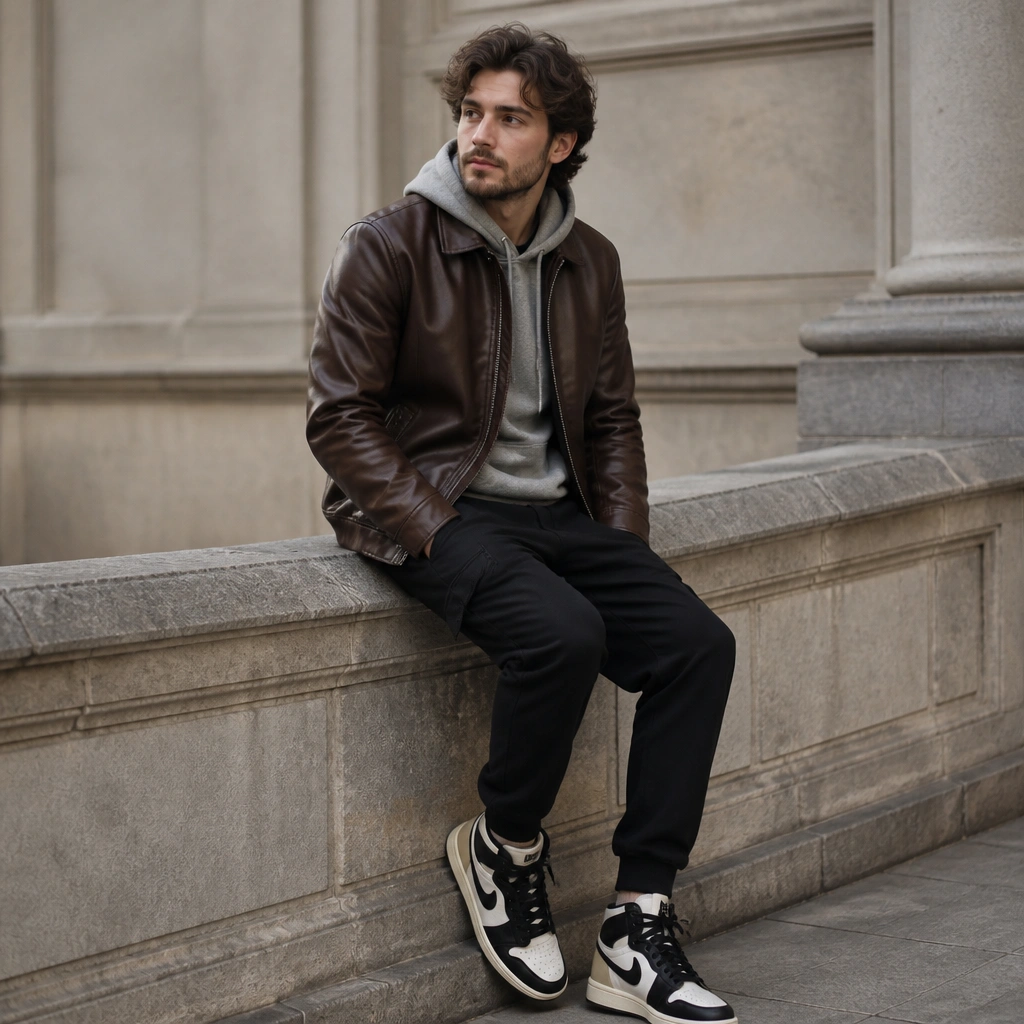 Brown leather jacket over a medium-gray hoodie, black joggers, and black-and-white high-top sneakers; hood peeks out slightly at the back.