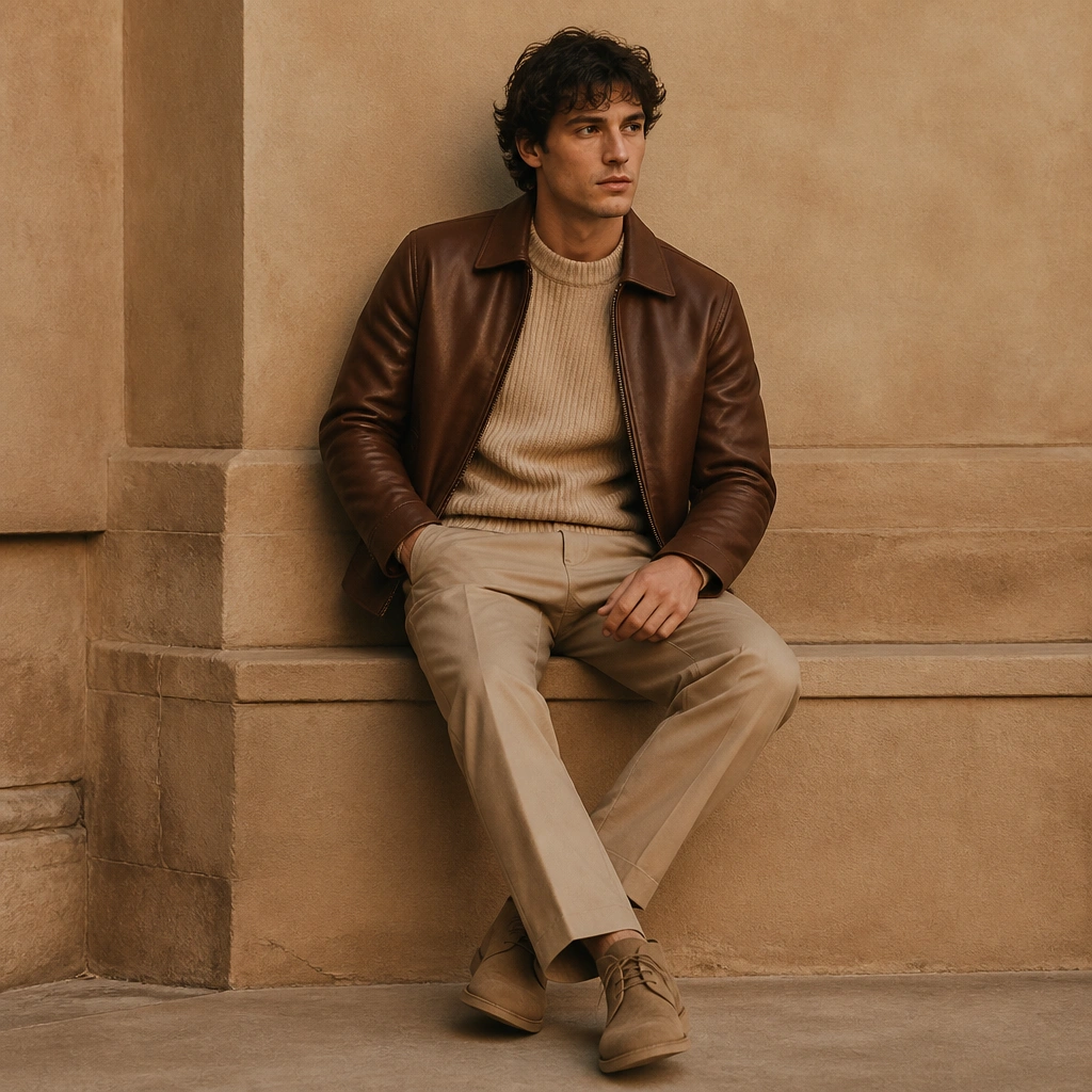 A light tan knit sweater under a brown leather jacket, paired with straight light khaki pants and tan shoes; warm monochrome tones dominate the photo.