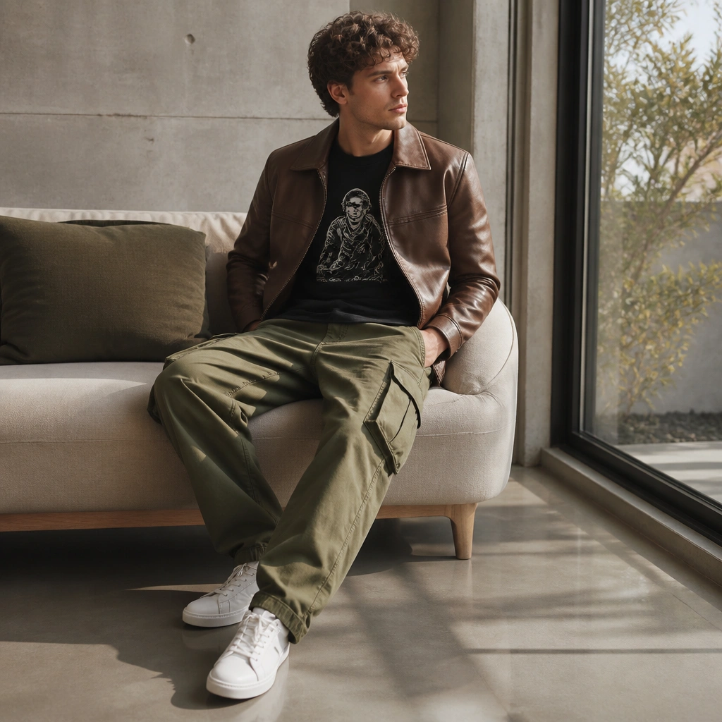 Brown leather jacket over a black graphic tee, olive cargo pants, and clean white trainers; cargos show pockets and a relaxed fit.