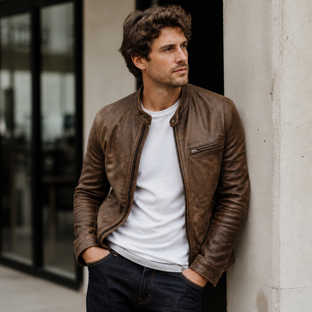 Brown leather jacket worn over a plain white tee, with dark denim jeans; the photo shows a layered neckline detail like a light undershirt peeking out from the collar area.