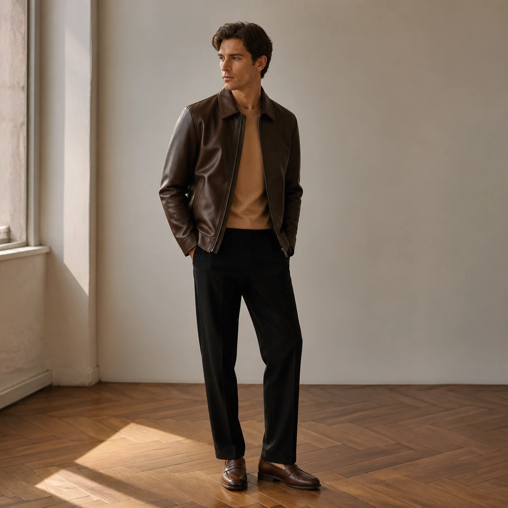 Brown leather jacket over a camel tee, black straight-leg trousers, and brown loafers; the outfit looks minimal with clean silhouettes.