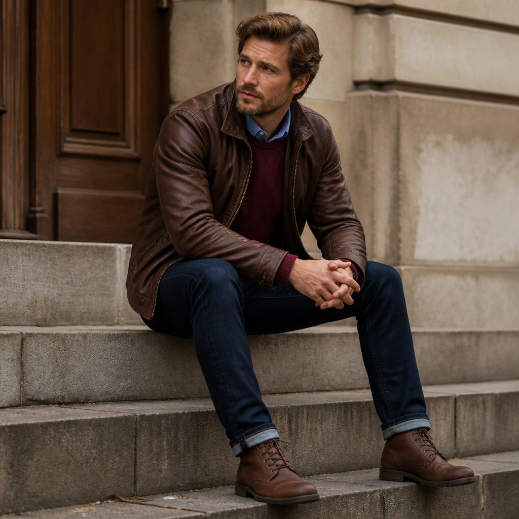 Brown leather jacket over a burgundy sweater with a light blue shirt peeking at the neckline; dark jeans and brown boots complete the layered look.